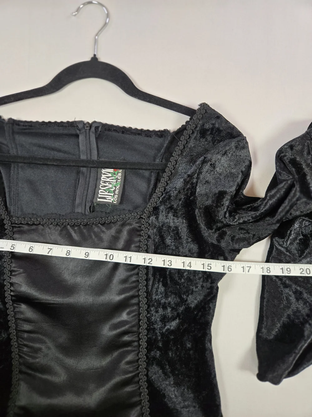 VTG Lip Service Black Velvet Satin Corset Bell Sleeve Gothic Top Size Large - Picture 9 of 12